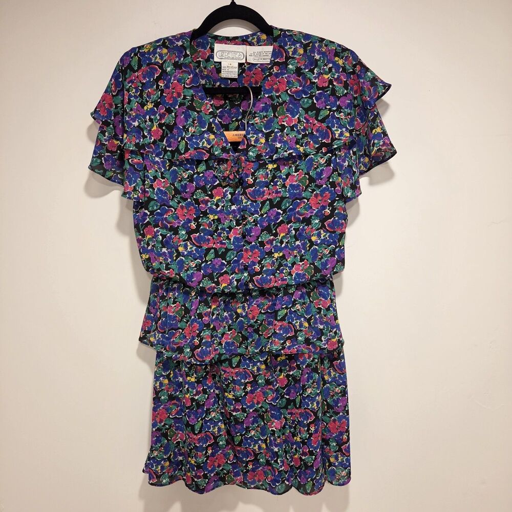True Vintage 80s Floral Peplum Blouse Skirt Set Sz 14 Petite Secretary Retro Vtg